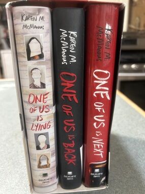 One of Us Is Lying by Karen M. McManus series of 3- Red & White Cover